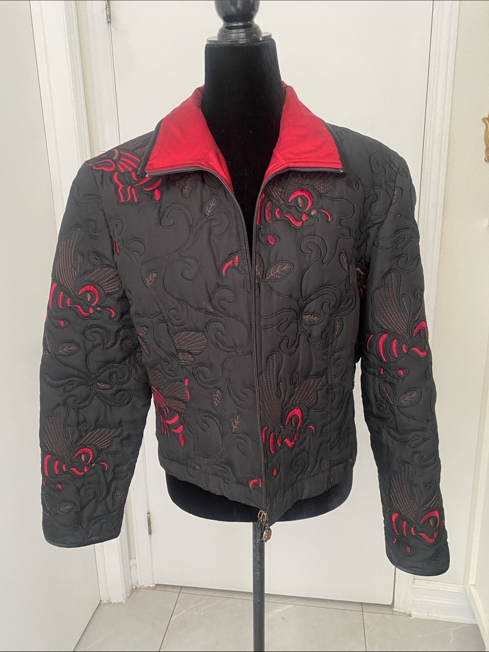 Joseph Ribkoff Black Quilted Zip-up Bomber Jacket w Red & Brown accents  Size 16